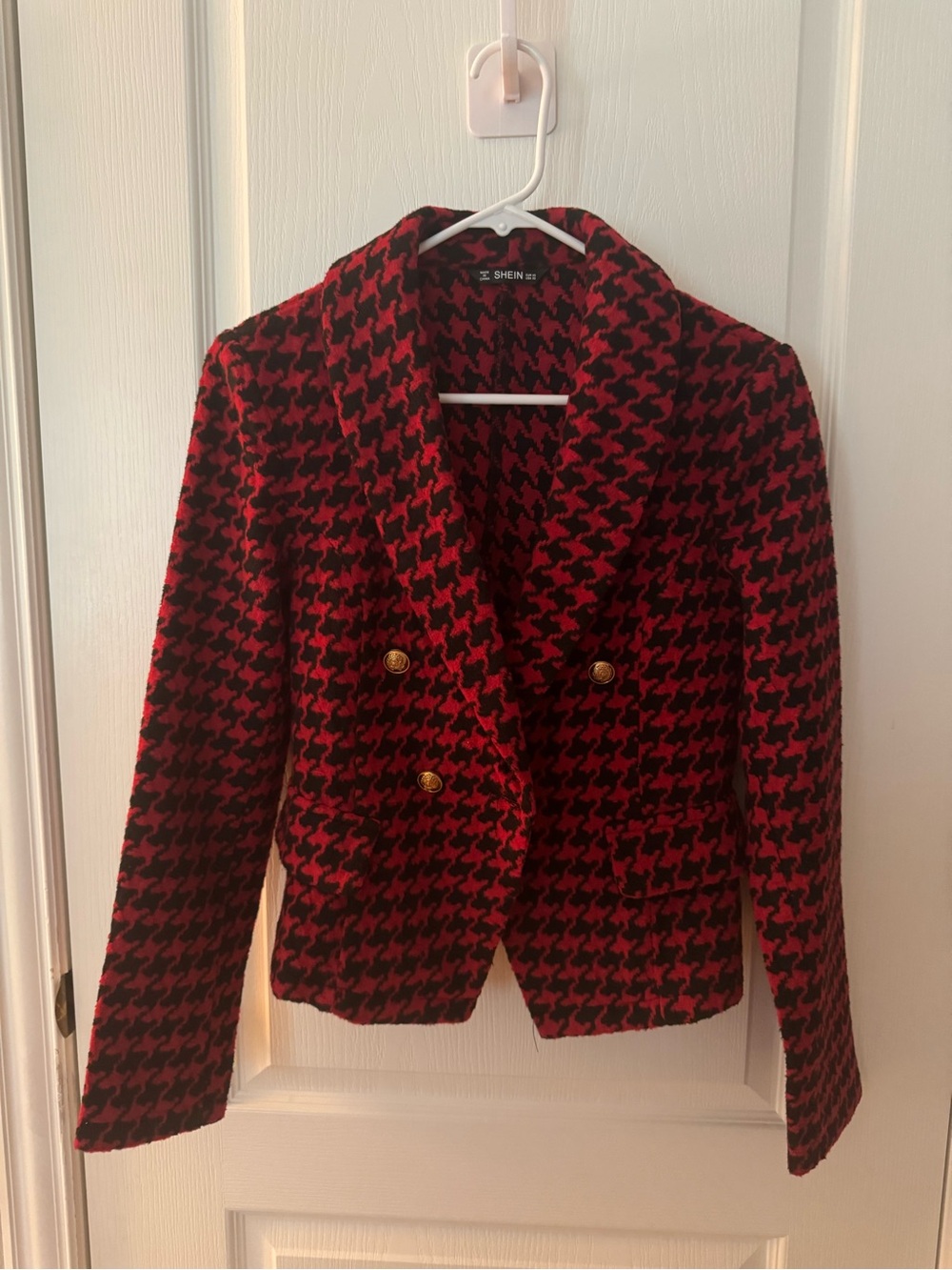 Red & Black Houndstooth Blazer with Missing Button